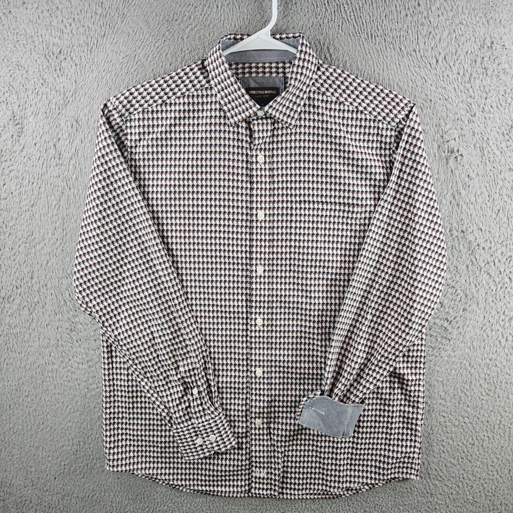 Johnston & Murphy Mens Medium Button Down Shirt Gingham Check Cotton Blue Brown